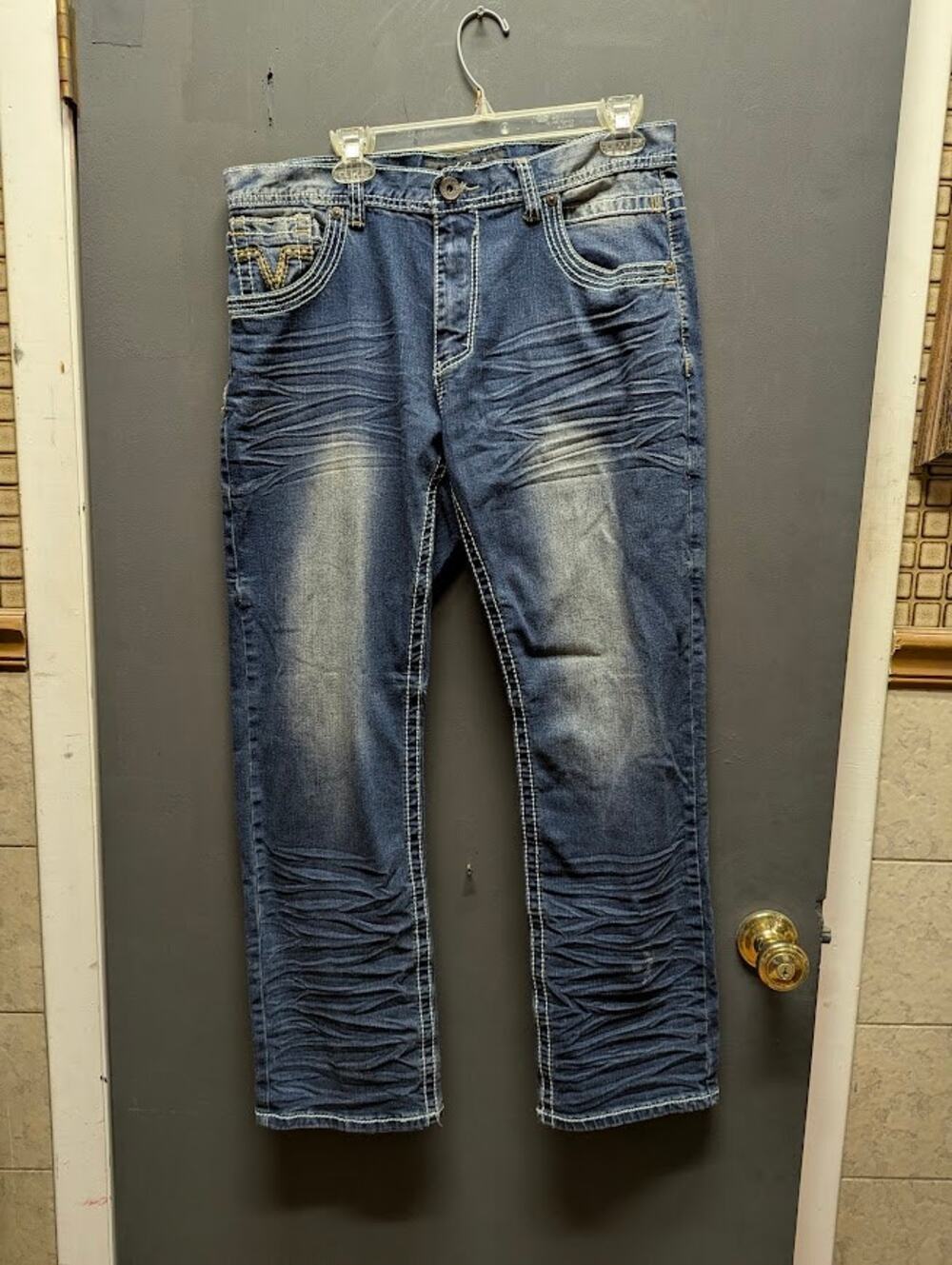 True Luck Men's 34x30 Bootcut Distressed Medium Wash Blue Jeans Y2K Grunge